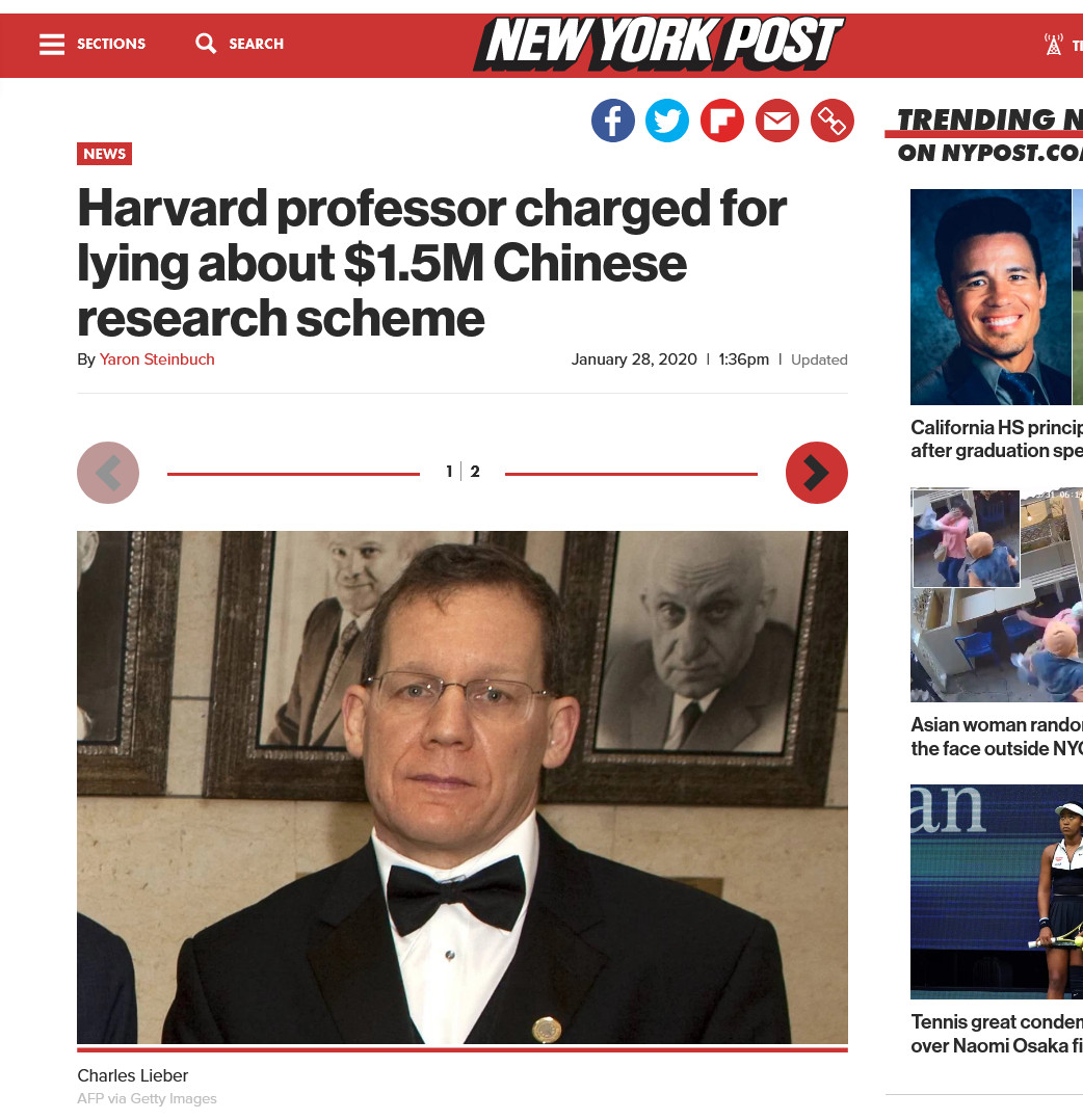 Harvard professor charged for lying about $1.5M Chinese research scheme