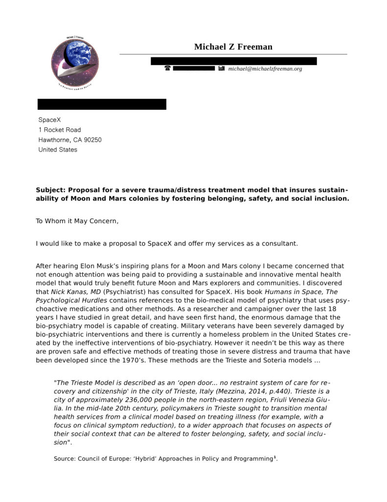 My letter to SpaceX about a proposal for a severe trauma/distress ...